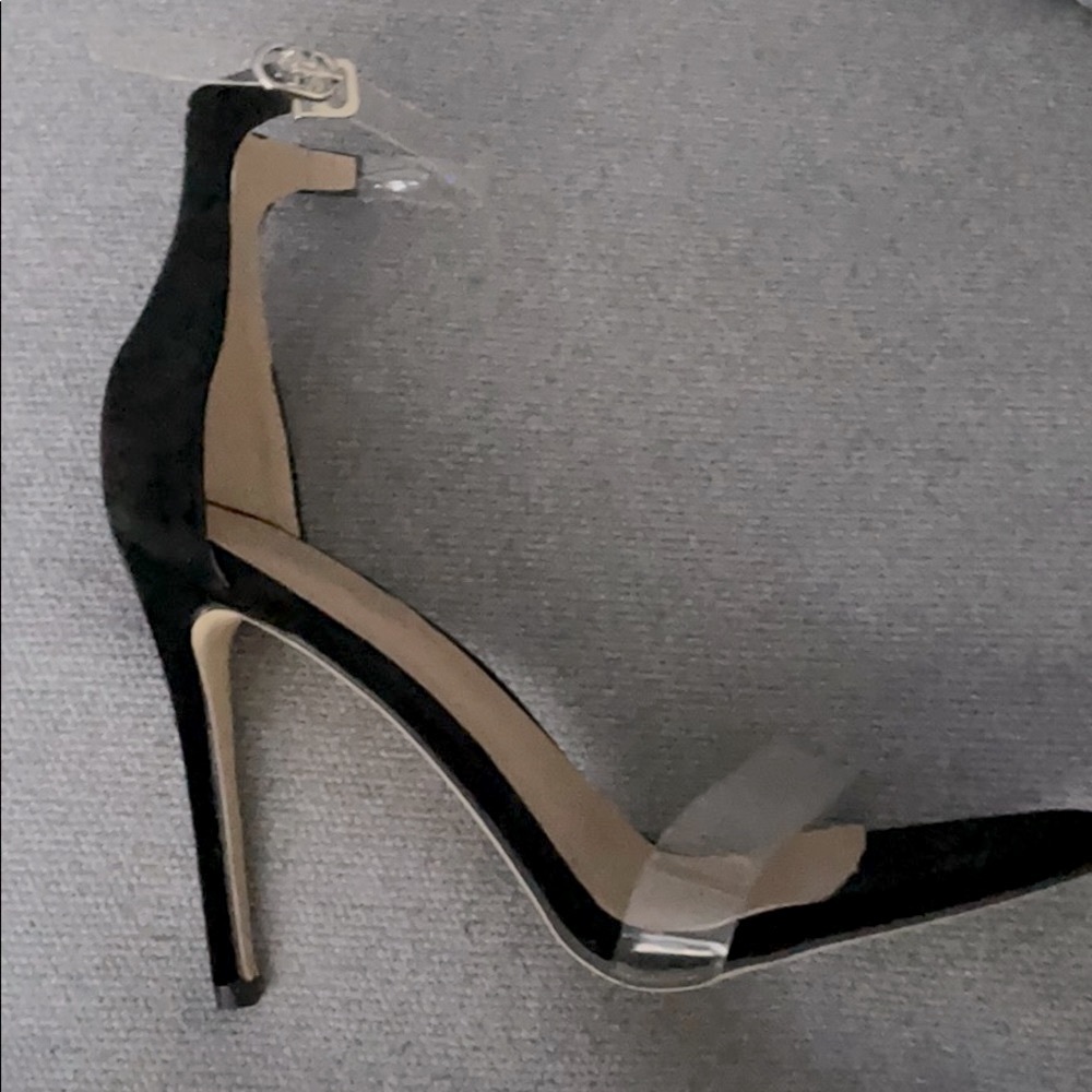 DELEVENTH Black open toe heels with invisible straps. Brand new. Never worn